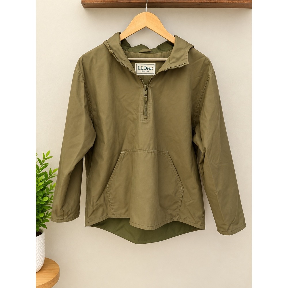 LL Bean Anorak Quarter Zip Pullover Rain Jacket Olive Green Hooded M Windbreaker
